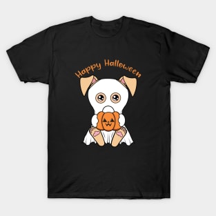 Happy Halloween Cute ghost dog, Kawaii black dog with pumpkin T-Shirt